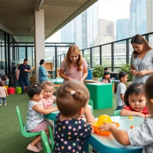 Children playing at a child care center with caregivers supervising.