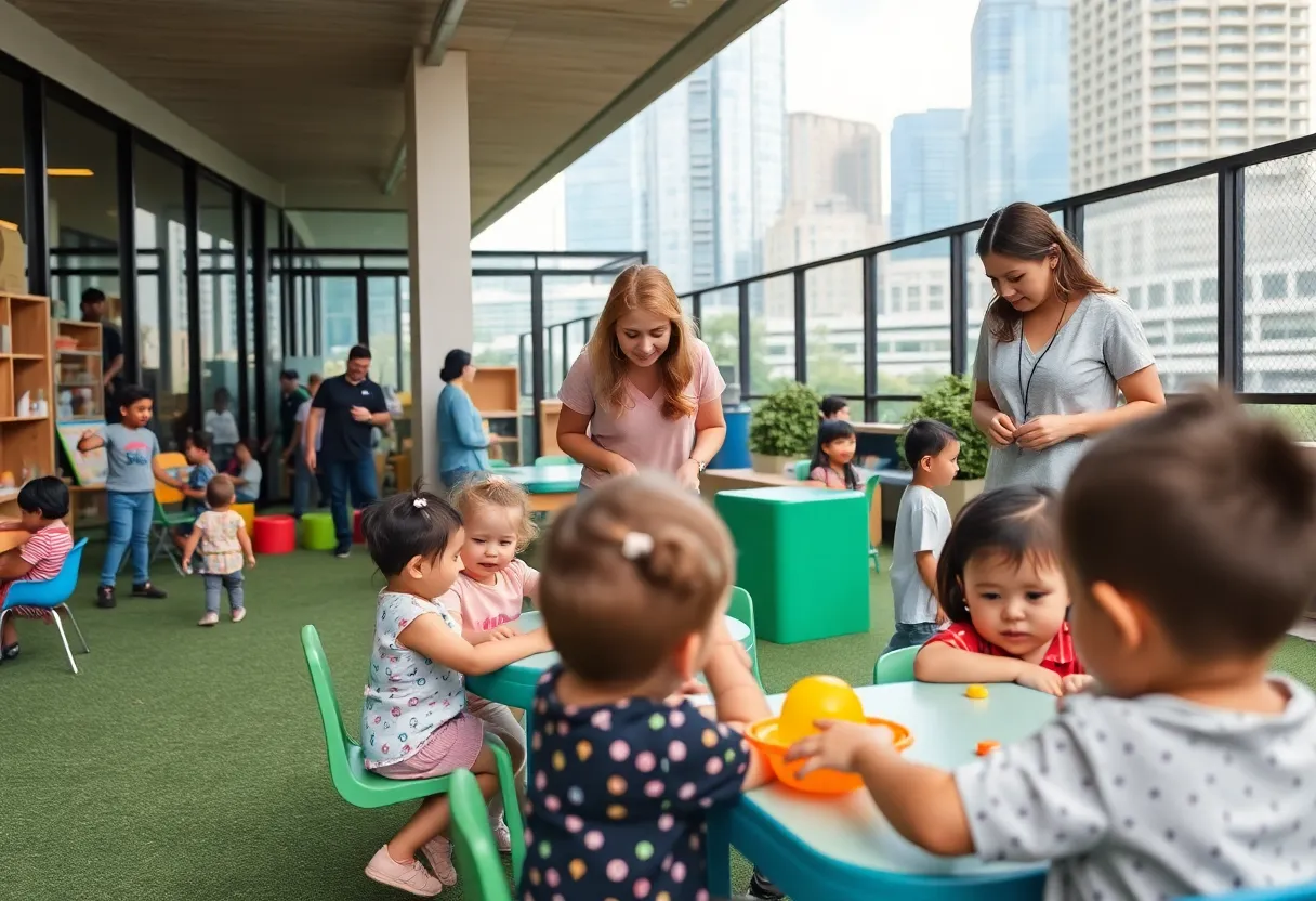 Children playing at a child care center with caregivers supervising.