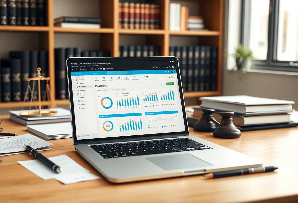 Workspace featuring Clio legal management software on a computer screen