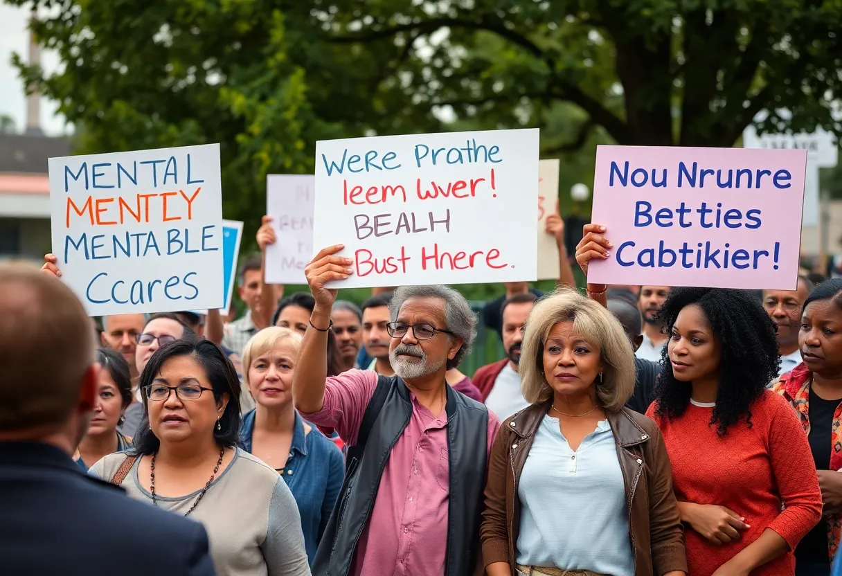 Residents participate in a community meeting advocating for mental health services