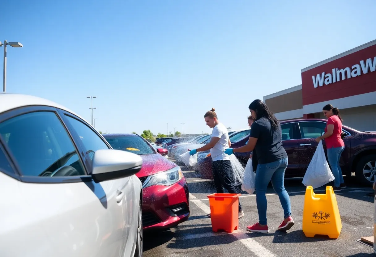 Individuals washing cars in Walmart parking lot as part of community service.