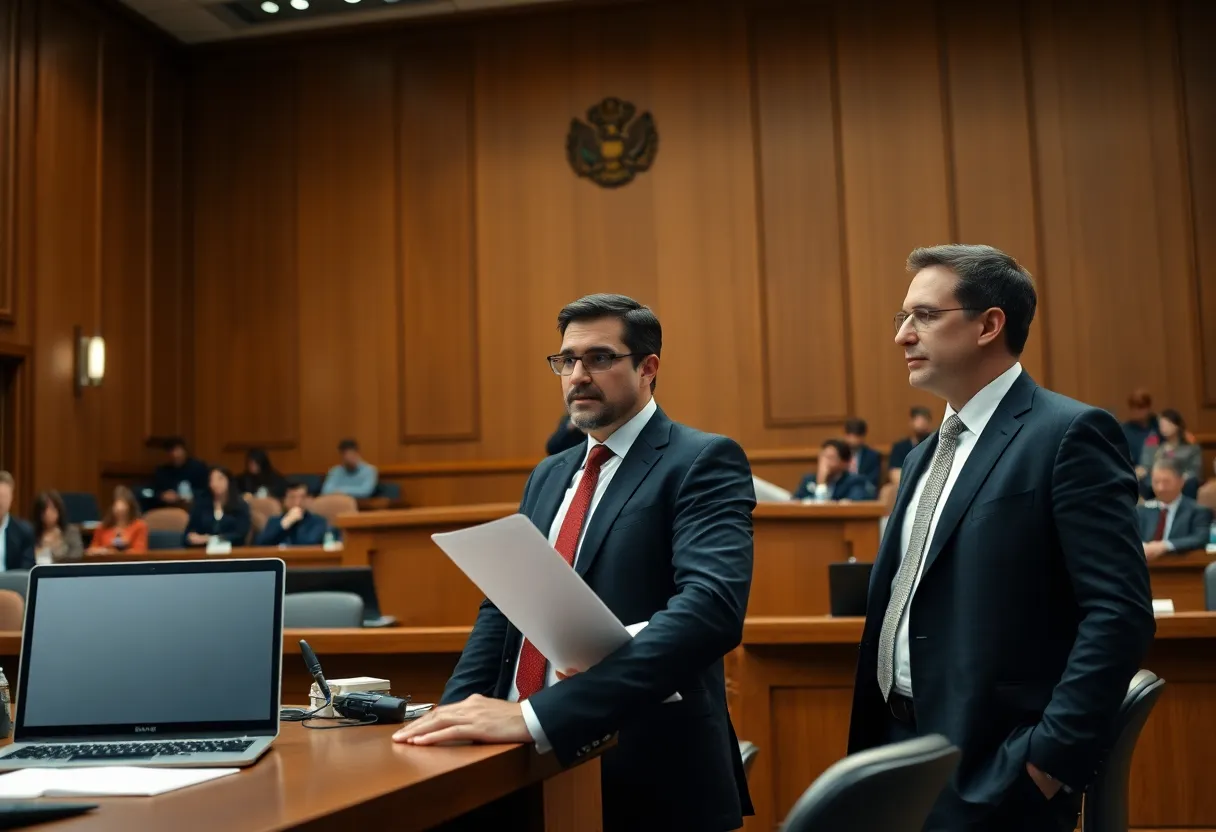 Courtroom scene depicting a legal showdown