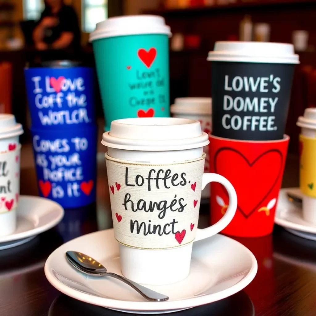 Colorful coffee sleeves with heart decorations for Valentine's Day