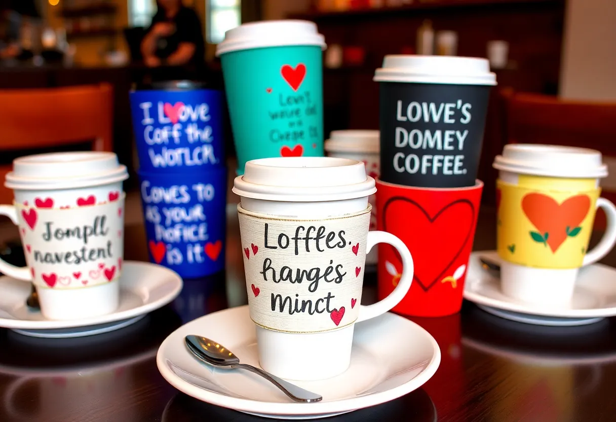 Colorful coffee sleeves with heart decorations for Valentine's Day