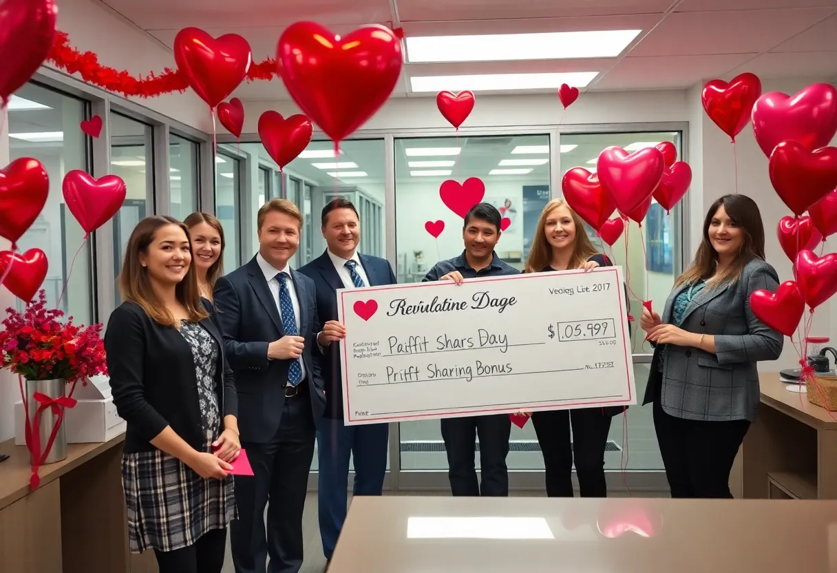 Celebration of Valentine's Day bonus at Delta Air Lines with happy employees
