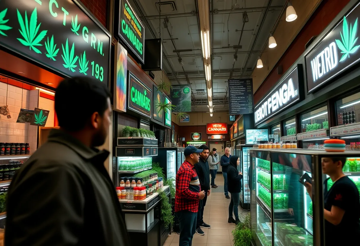 A bustling dispensary in Detroit showcasing various cannabis products.
