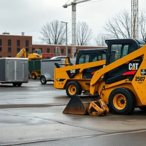 A construction site in Detroit featuring various machinery and security measures.