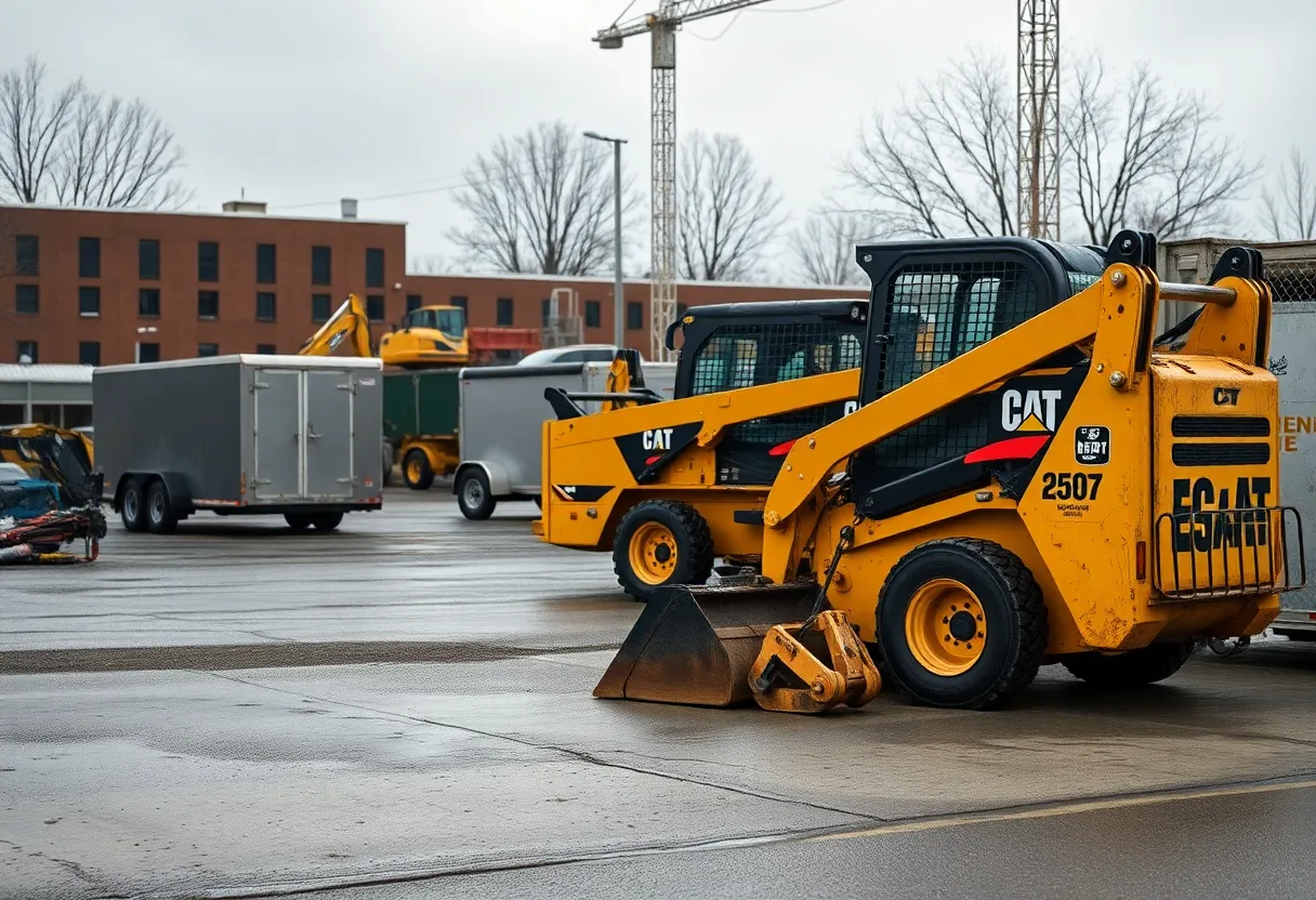 A construction site in Detroit featuring various machinery and security measures.