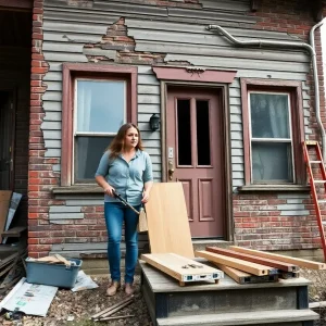 Builders renovating a dilapidated house in Detroit