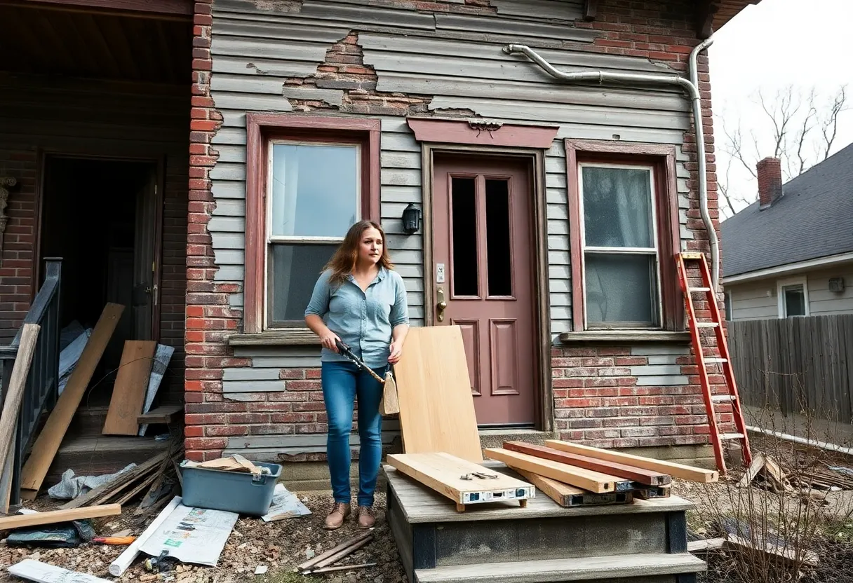 Builders renovating a dilapidated house in Detroit