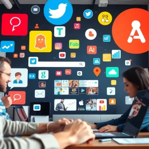 A colorful illustration of the digital marketing landscape with various online platforms.