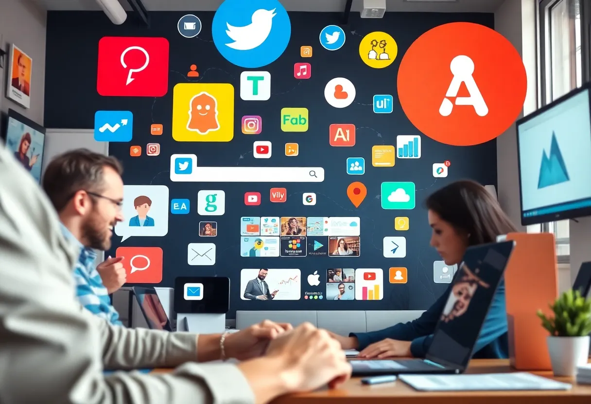 A colorful illustration of the digital marketing landscape with various online platforms.