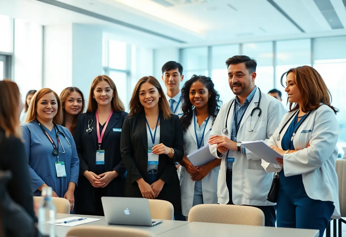 A diverse group of healthcare professionals engaging in discussion