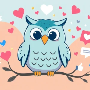 An animated Duo Owl surrounded by symbols of social media marketing.