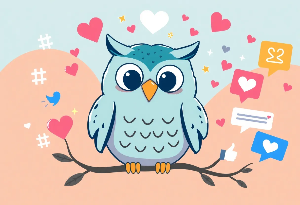 An animated Duo Owl surrounded by symbols of social media marketing.