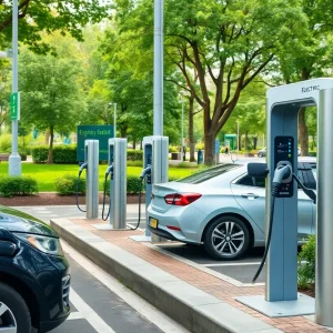Electric vehicle charging station in an urban park