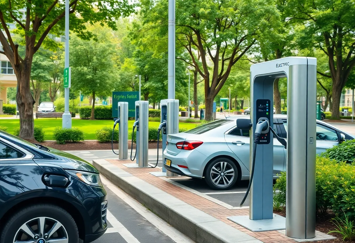 Electric vehicle charging station in an urban park
