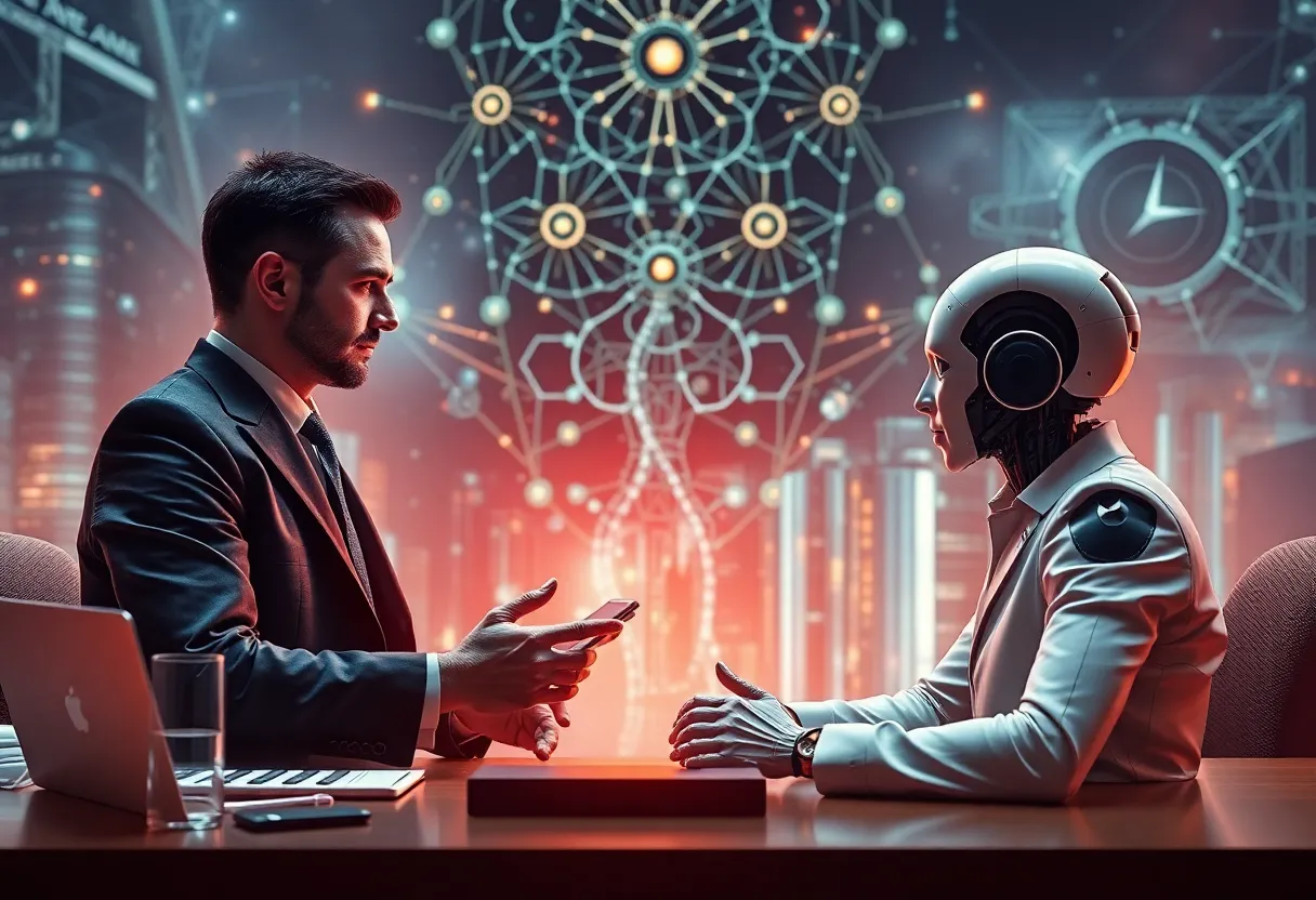 Concept image of a business negotiation in artificial intelligence.