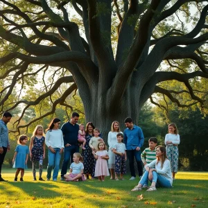 A family showing diverse interactions under a tree, highlighting parenting dynamics.