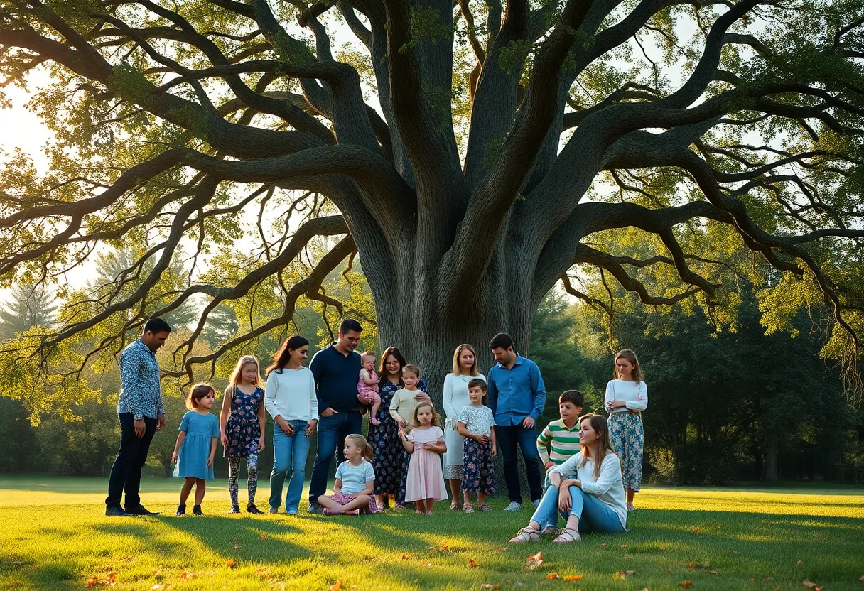 A family showing diverse interactions under a tree, highlighting parenting dynamics.