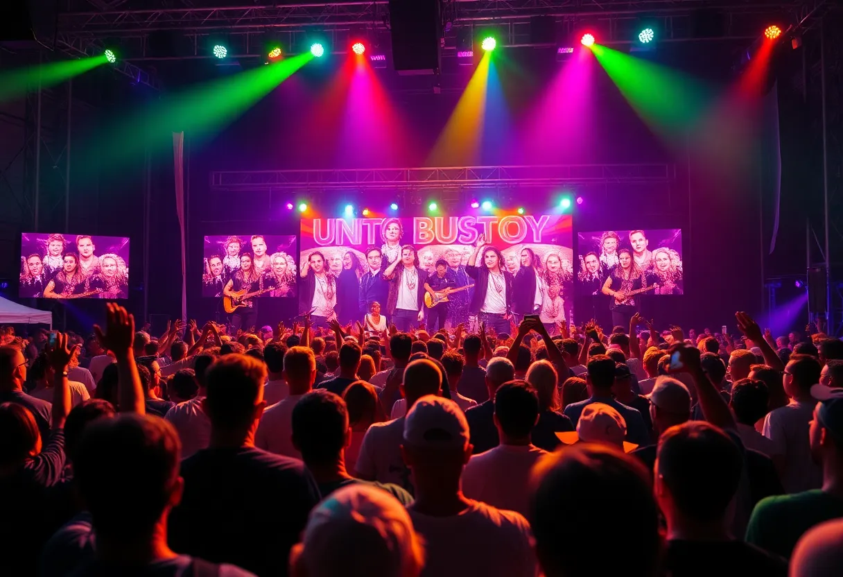 Crowd enjoying the FireAid concert with artists performing on stage.
