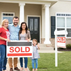 Family celebrating in front of their new Michigan home