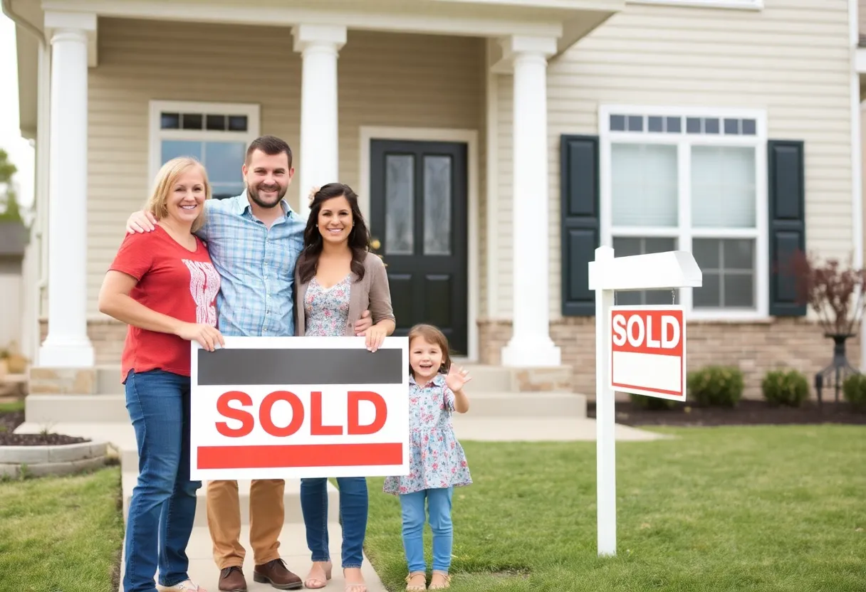 Family celebrating in front of their new Michigan home