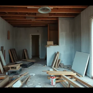 Chaotic home renovation with unfinished work and scattered tools