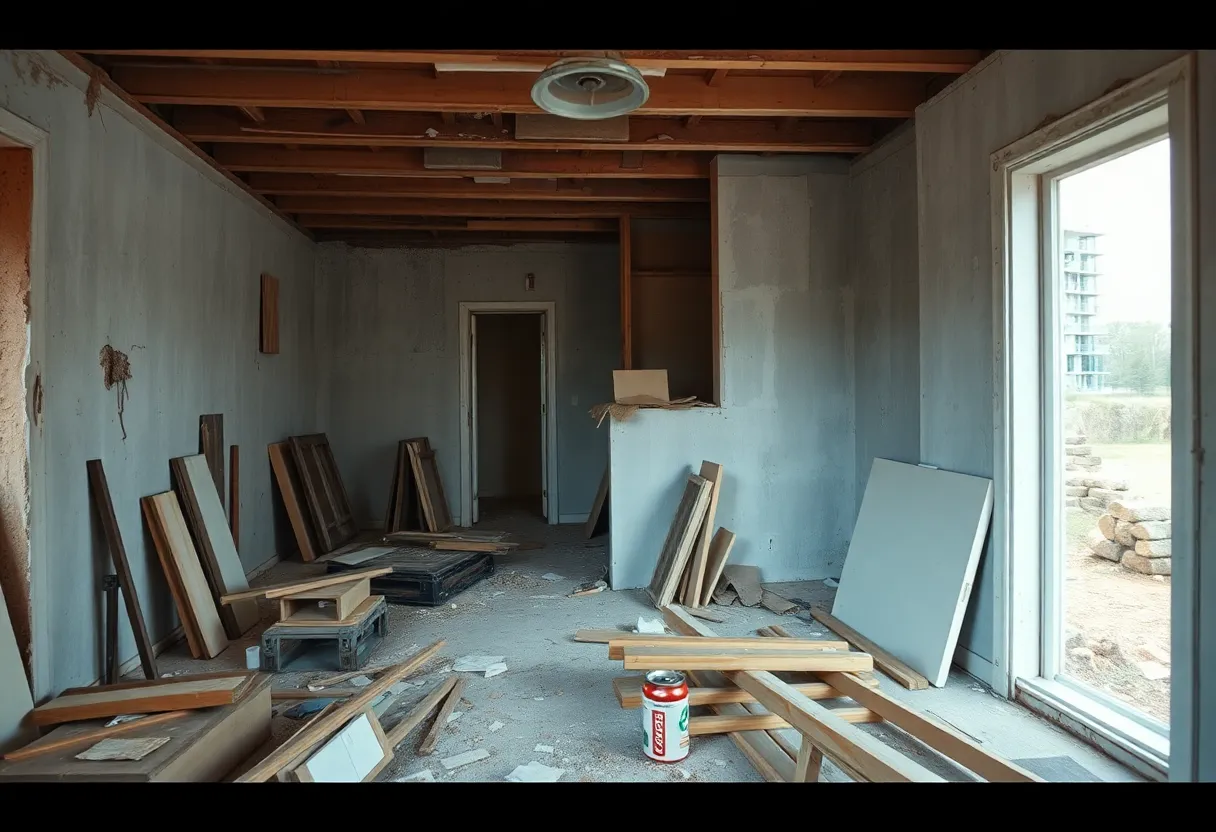 Chaotic home renovation with unfinished work and scattered tools