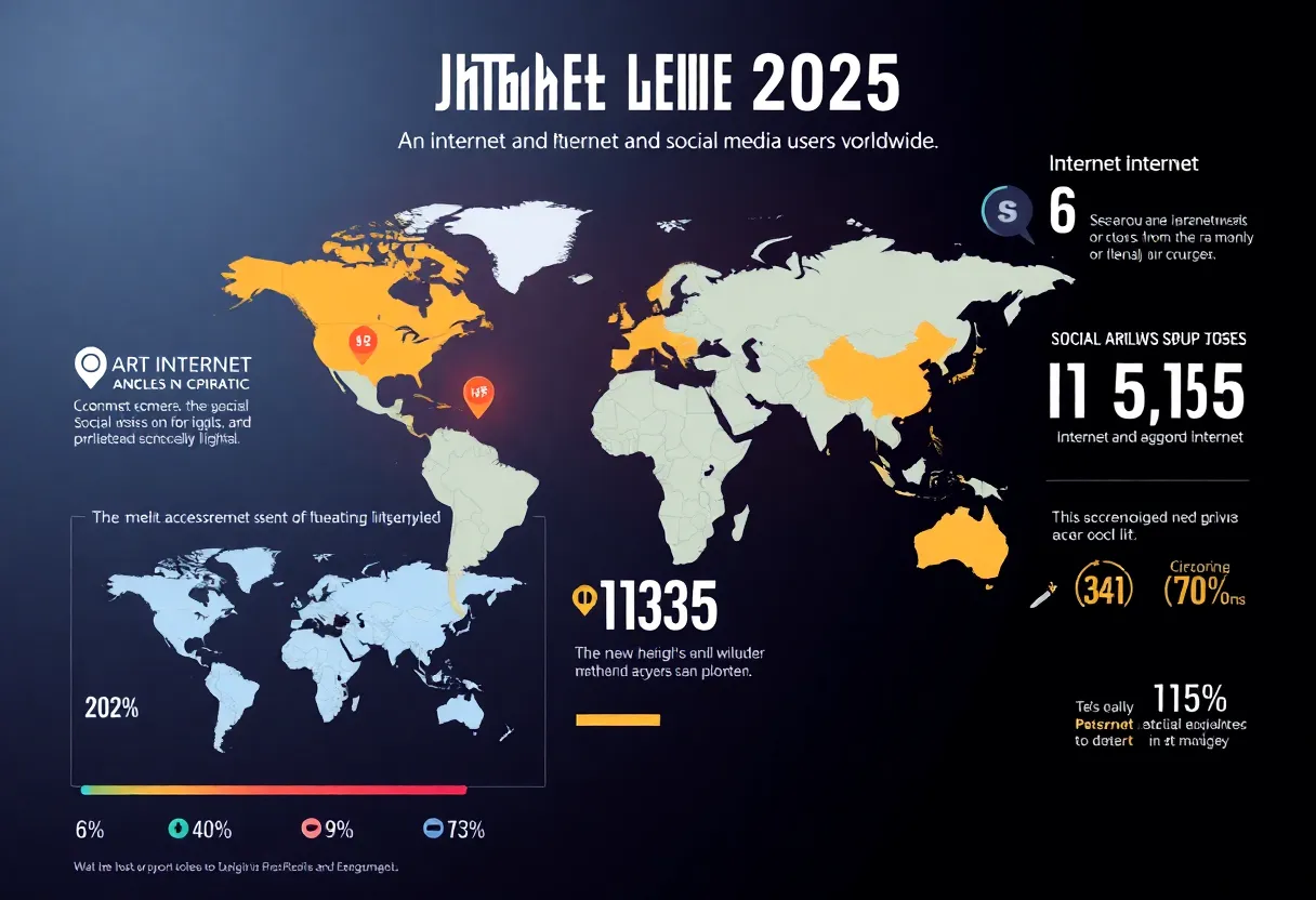 Infographic on global internet and social media usage statistics for 2025