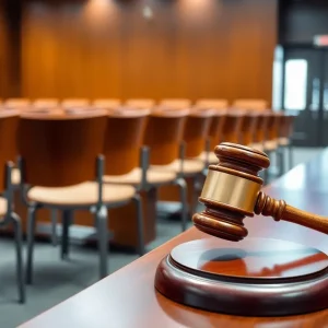 Courtroom setting for the Highland Park shooting trial