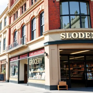 Renovated historic Plymouth Post Office with grocery store signage