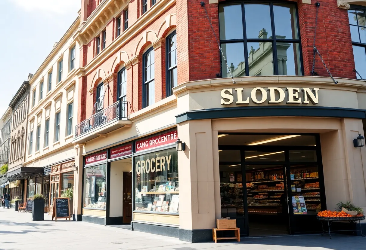 Renovated historic Plymouth Post Office with grocery store signage