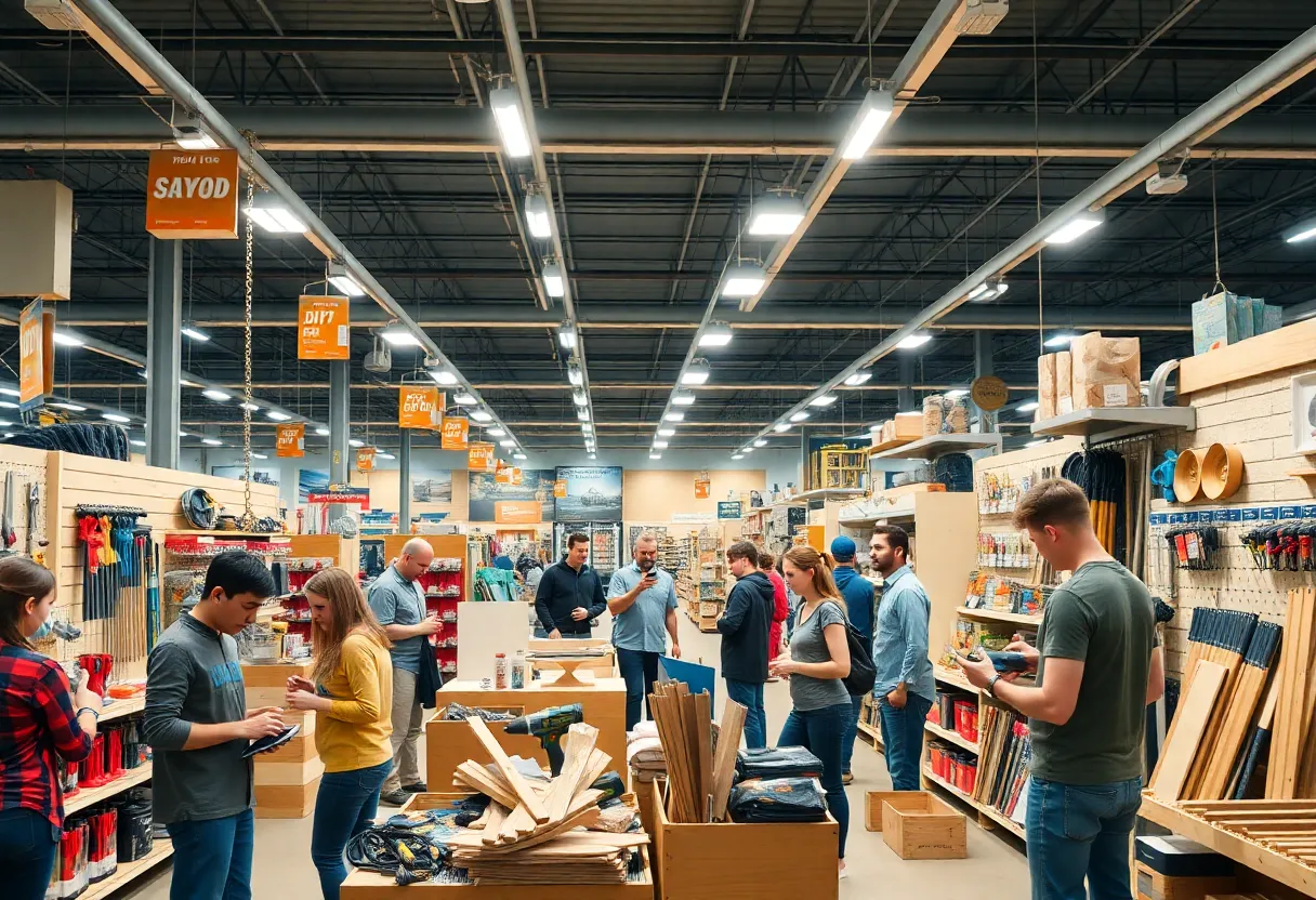 A display in a Home Depot store featuring home improvement tools and materials.