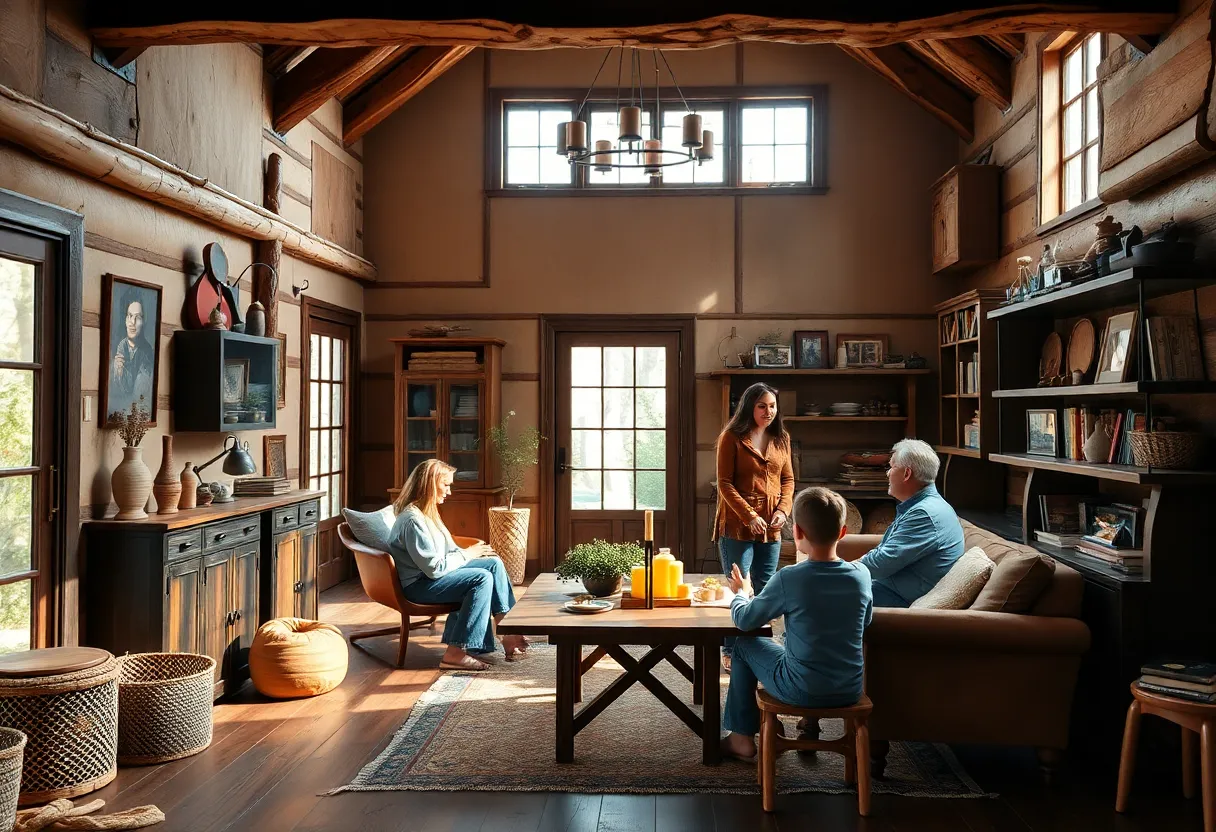 Family gathering in a cozy, renovated home reflecting craftsmanship