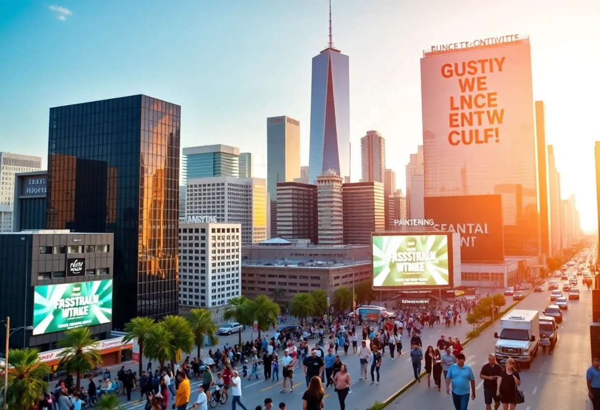 Houston cityscape showcasing innovative social media marketing efforts by local agencies.