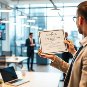 Professional with marketing certification in a modern office