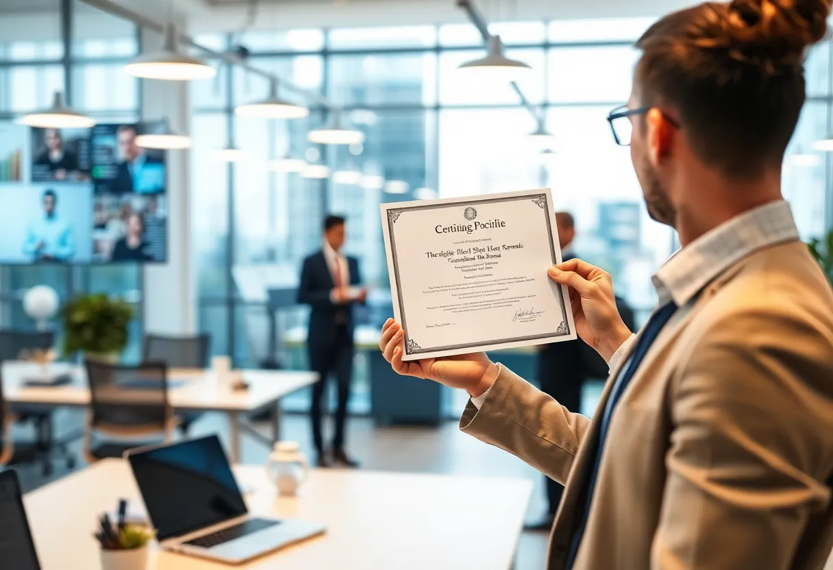 Professional with marketing certification in a modern office