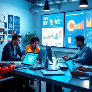 A modern marketing team collaborating in a high-tech environment.