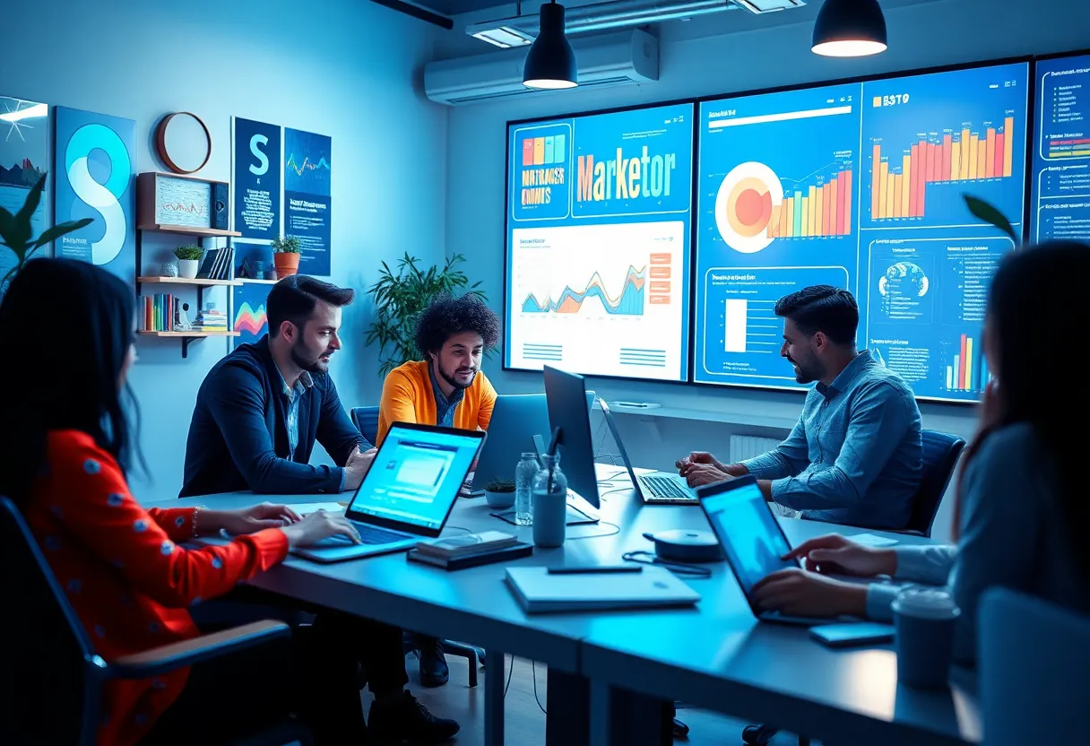 A modern marketing team collaborating in a high-tech environment.