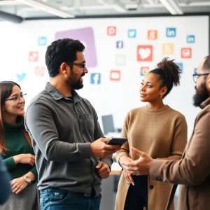 A group of marketers brainstorming social media marketing strategies.