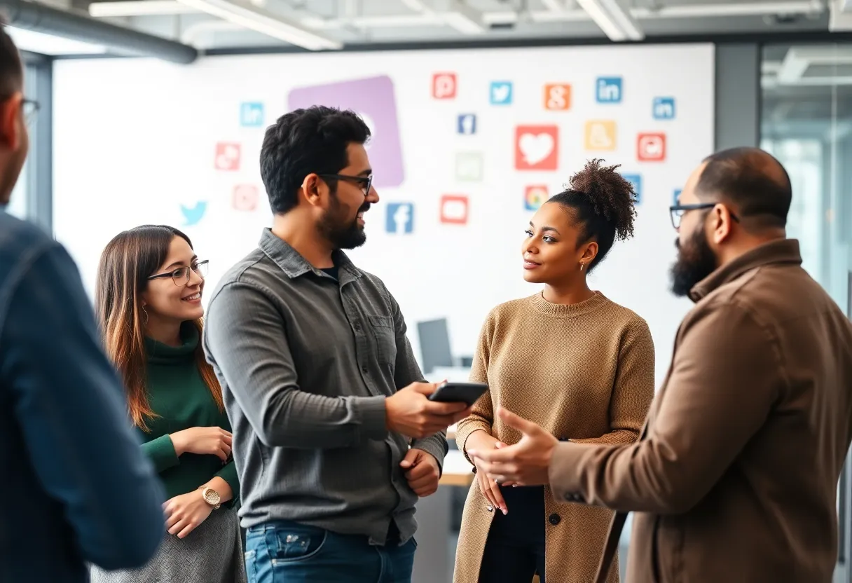 A group of marketers brainstorming social media marketing strategies.