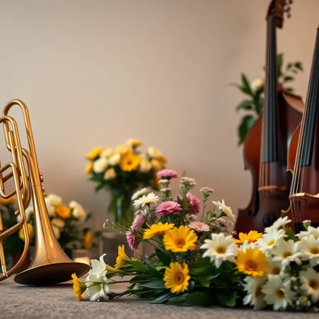 A serene memorial tribute with flowers and musical instruments.