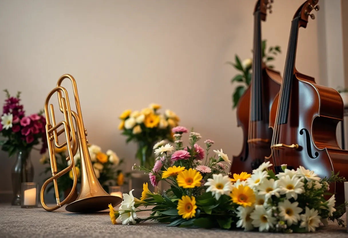 A serene memorial tribute with flowers and musical instruments.