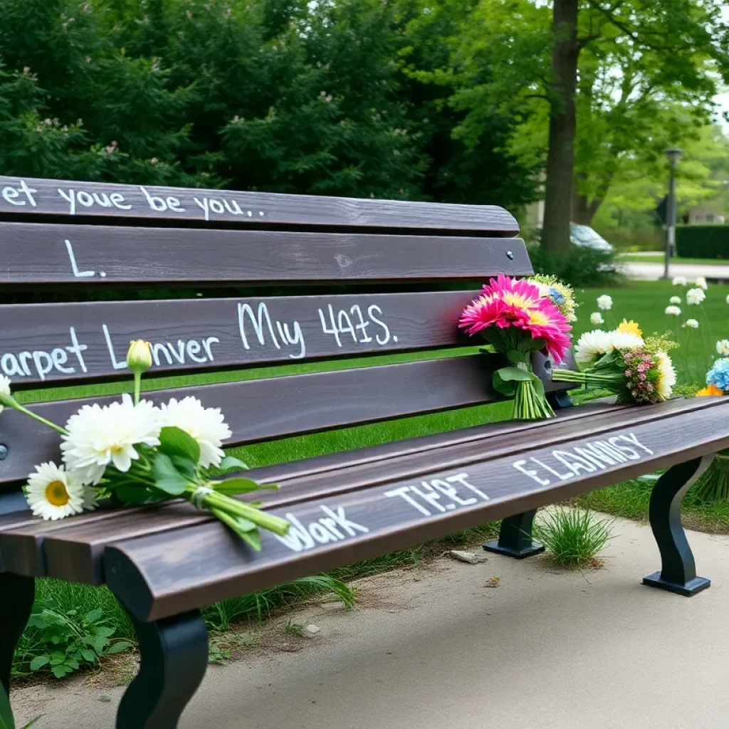 Memorial bench dedicated to victims of the MSU mass shooting, surrounded by flowers.