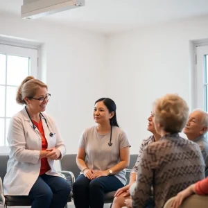 A group of individuals discussing skin conditions and mental health.