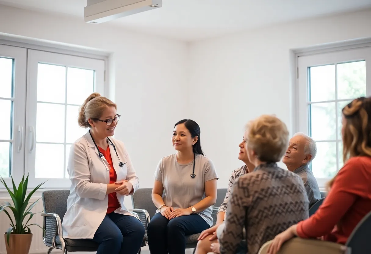 A group of individuals discussing skin conditions and mental health.