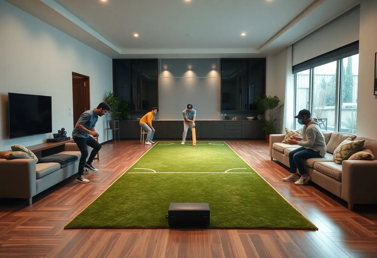 Players enjoying MetaShot indoor cricket system in a living room