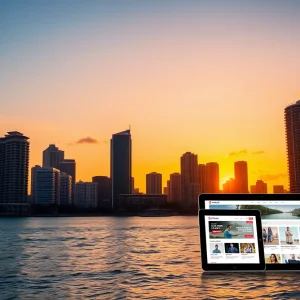 Miami skyline with digital devices displaying custom-coded websites