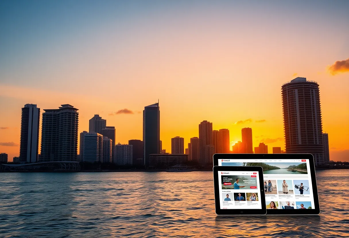 Miami skyline with digital devices displaying custom-coded websites